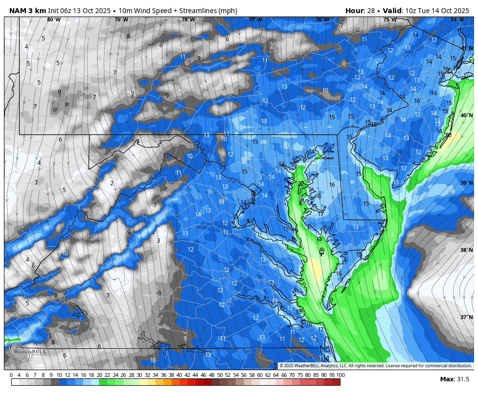 October 13 weather forecast wind Tuesday