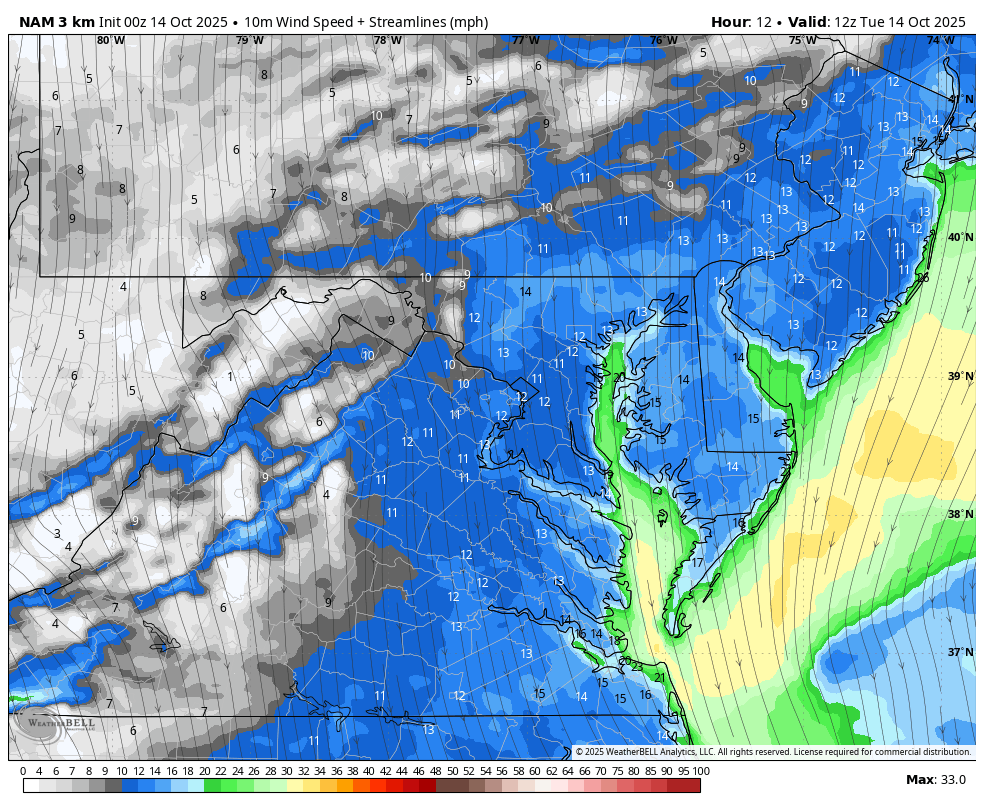 October 14 weather forecast wind Tuesday