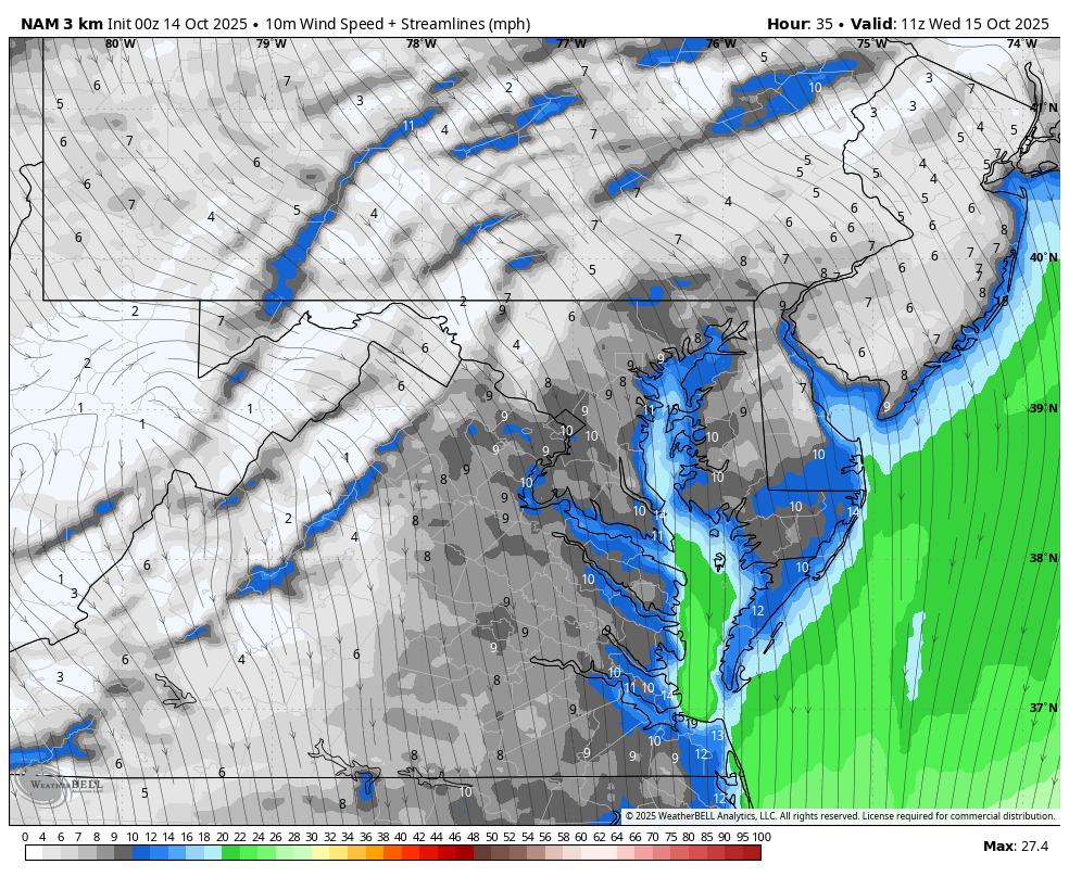 October 14 weather forecast wind Wednesday