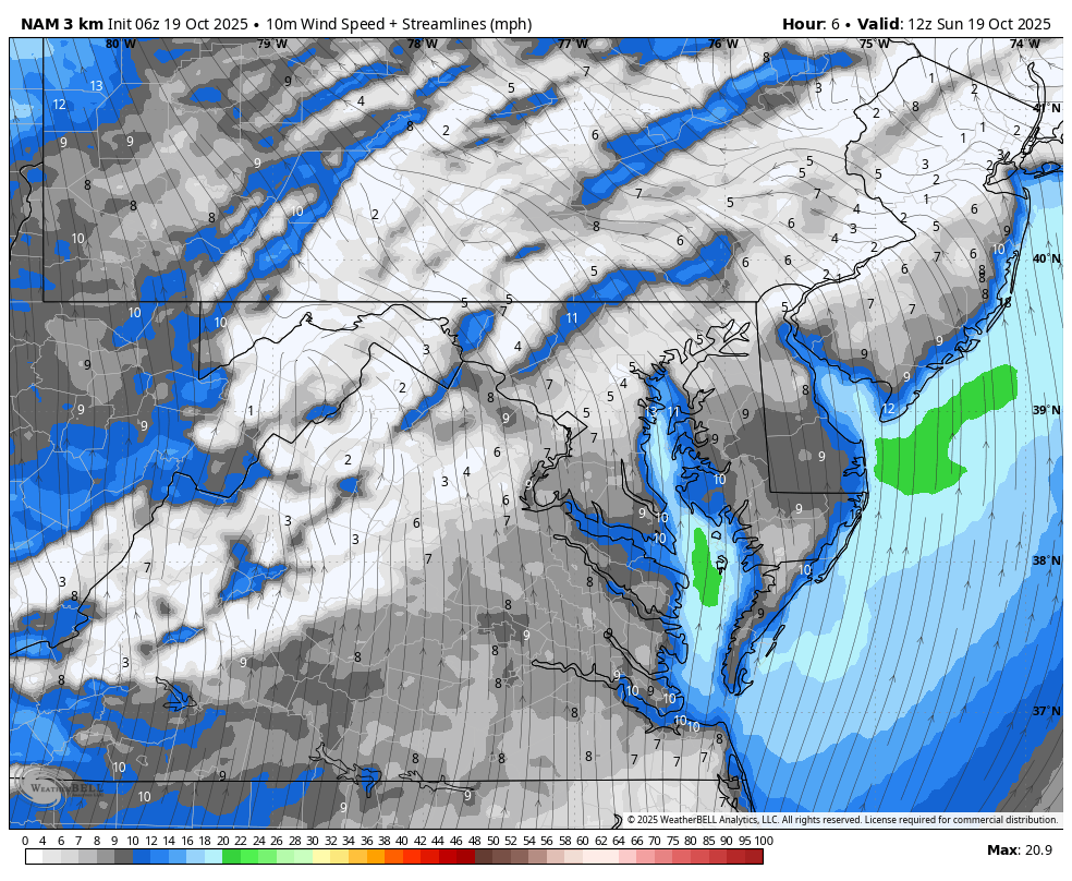 October 19 weather wind forecast Sunday