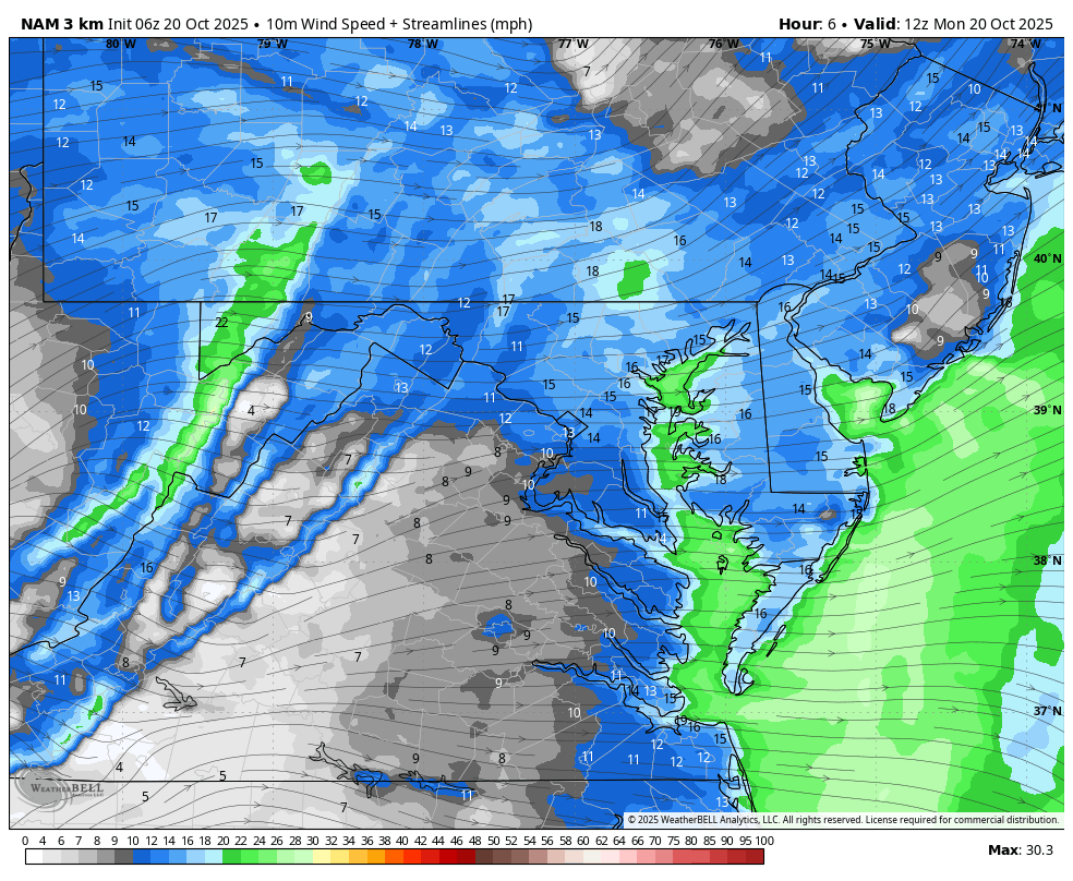 October 20 weather forecast winds Monday