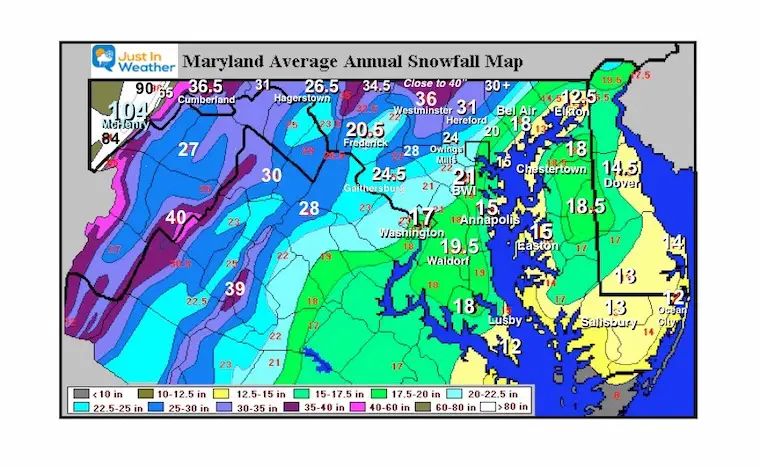 Average Snow Season Maryland Map