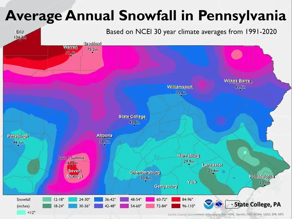 Average Snow Season Pennsylvania Map