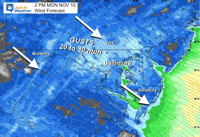 November 10 weather wind forecast afternoon Monday