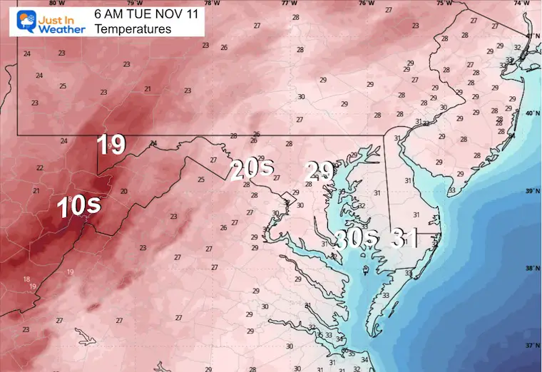 November 10 weather temperatures Tuesday morning