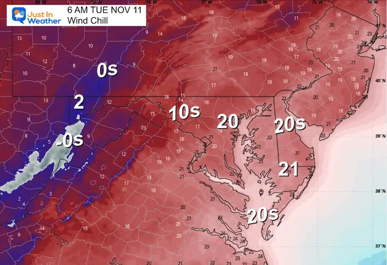 November 10 weather wind chill Tuesday morning