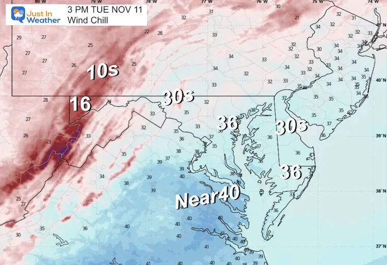 November 11 weather wind chill Tuesday afternoon Veterans Day