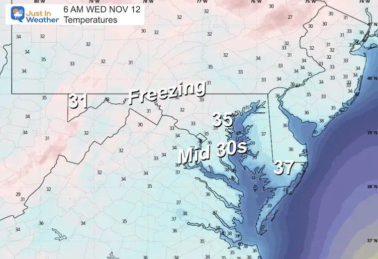 November 11 weather temperatures Wednesday morning 