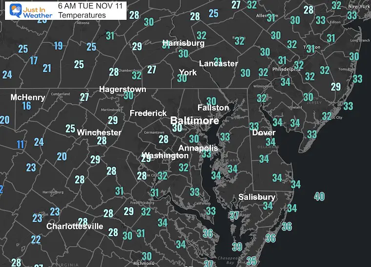 November 11 weather temperatures local Tuesday Morning Veterans Day