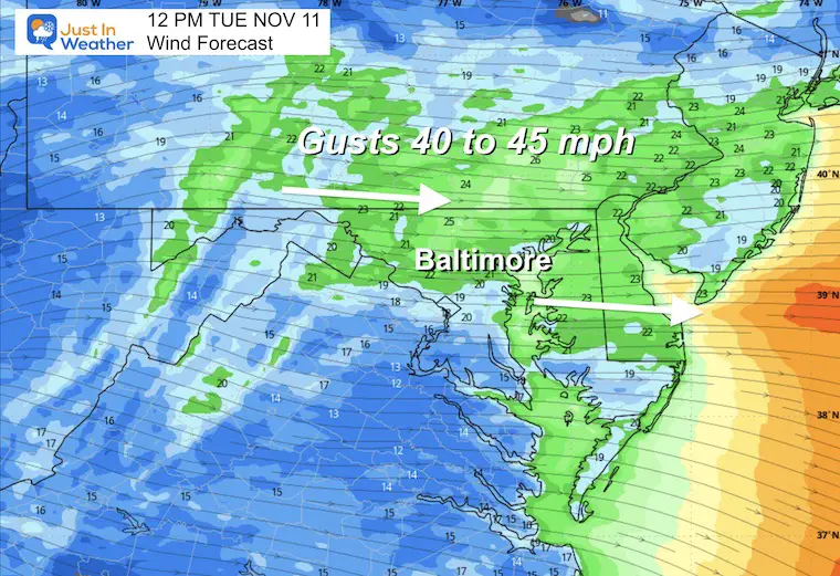 November 11 weather wind forecast Veterans Day afternoon