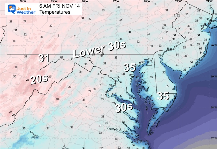 November 13 weather temperatures Friday morning