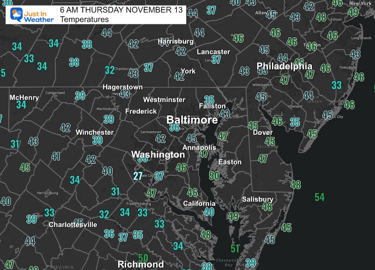 November 13 temperatures Thursday morning