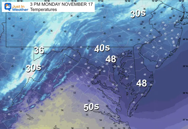 November 16 weather forecast temperatures Monday afternoon