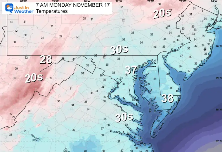 November 16 weather forecast temperatures Monday morning