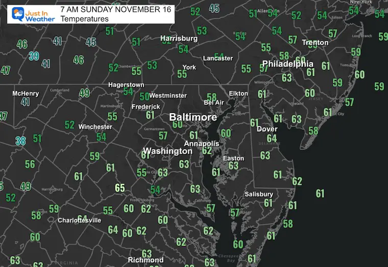 November 16 weather temperatures Sunday morning