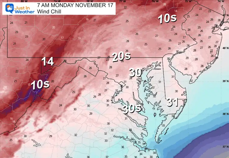 November 16 weather forecast wind chill Monday morning