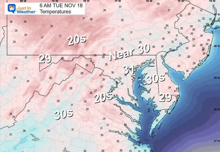 November 17 weather temperatures Tuesday morning