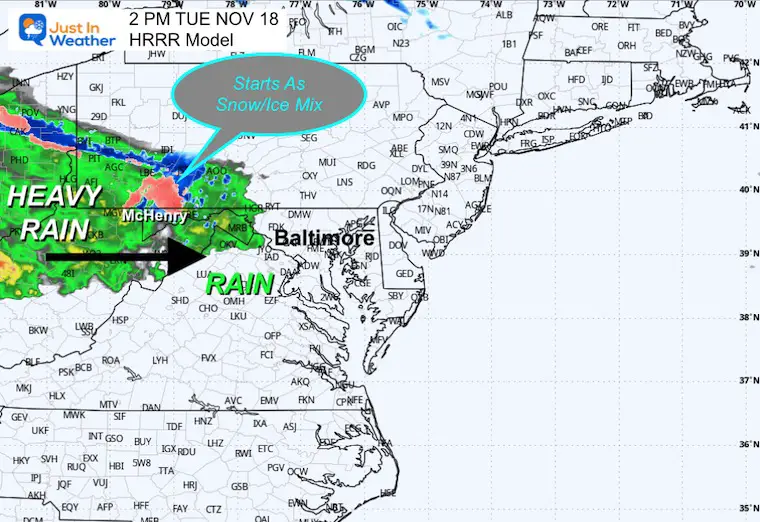 November 17 weather radar rain snow Tuesday HRRR