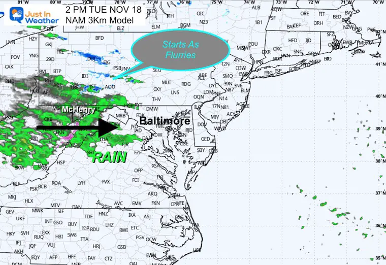 November 17 weather radar rain snow Tuesday afternoon NAM