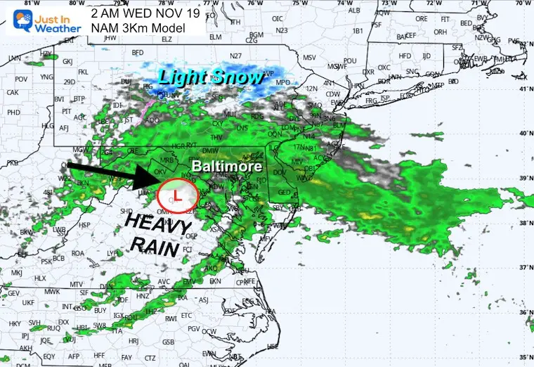 November 17 weather radar rain snow forecast Wednesday 2 AM