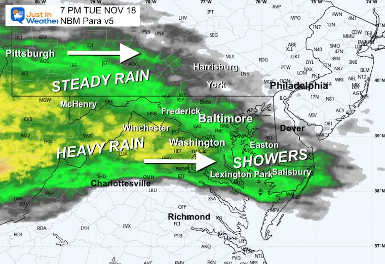 November 18 weather radar rain forecast Tuesday evening