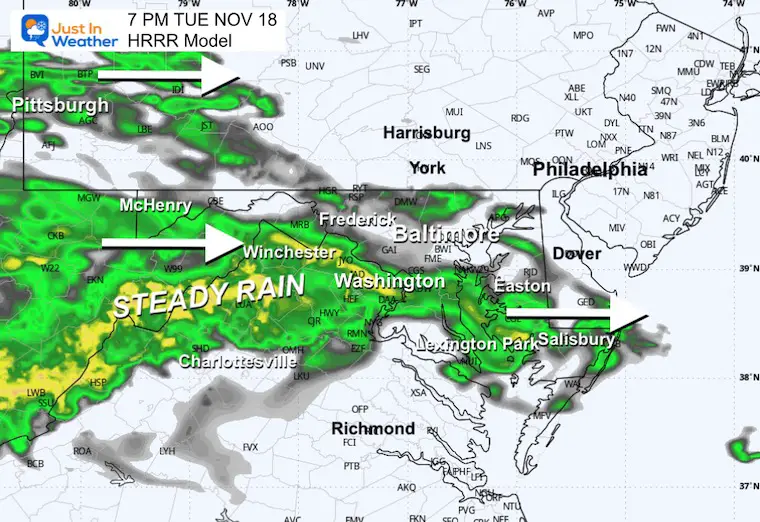 November 18 weather radar rain forecast Tuesday evening HRRR