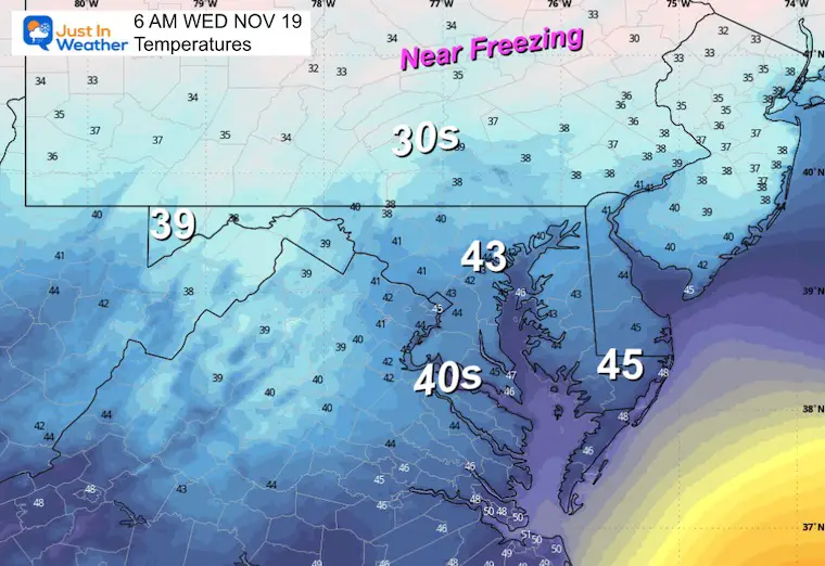 November 18 weather temperatures Wednesday morning