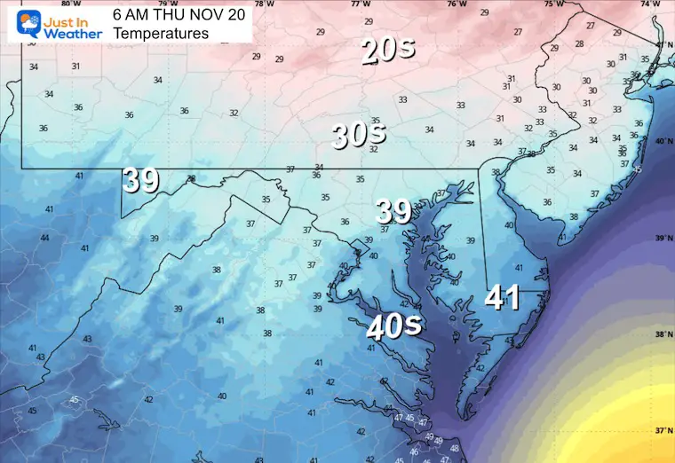 November 19 weather temperatures Thursday morning