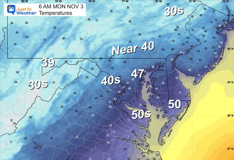 November 2 weather forecast temperatures Monday morning