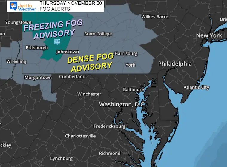 November 20 Weather Fog Advisories Thursday morning