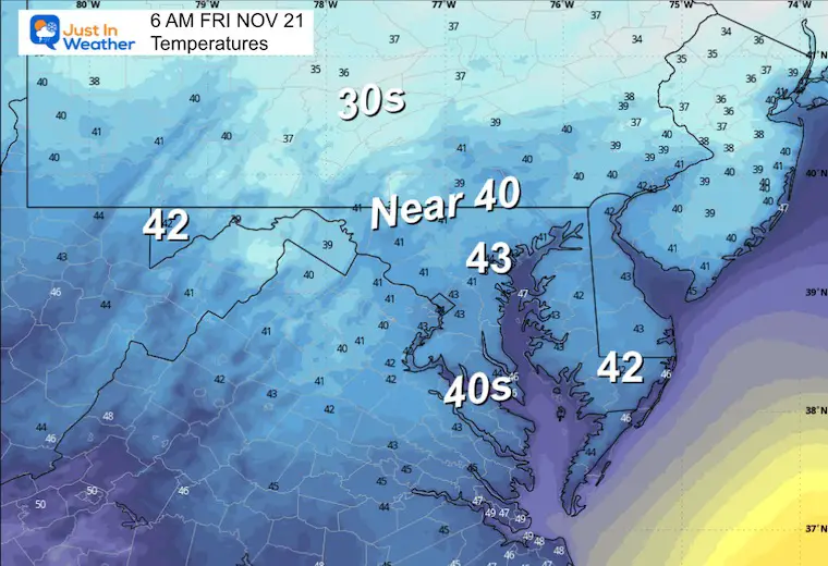 November 20 weather temperatures Friday morning