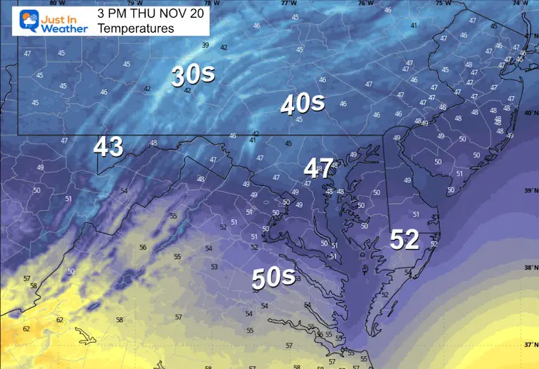 November 20 weather temperatures Thursday afternoon