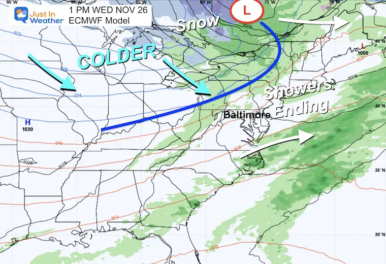 November 21 weather forecast rain Thanksgiving Wednesday