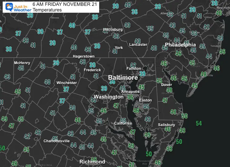 November 21 weather temperatures Friday morning