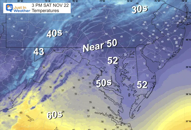 November 21 weather forecast temperatures Saturday afternoon