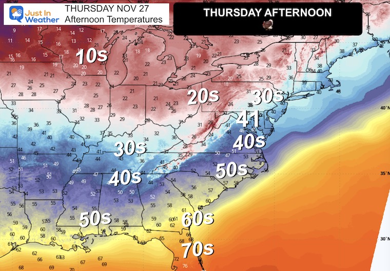 November 22 weather temperatures Thanksgiving Thursday
