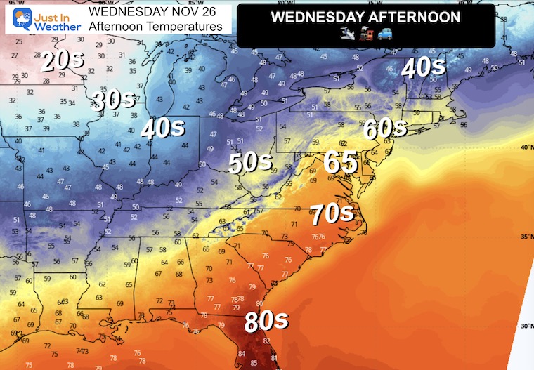 November 22 weather temperatures Thanksgiving Wednesday