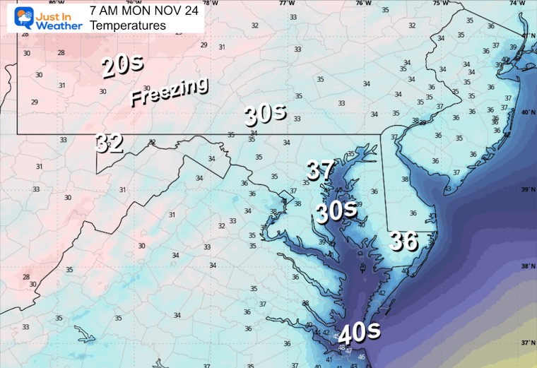 November 23 weather temperatures Monday morning