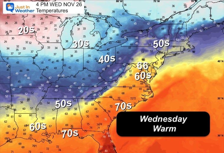 November 23 weather temperatures Thanksgiving Wednesday