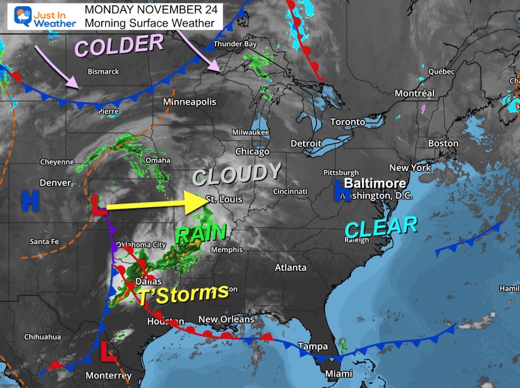 November 24 weather storm map Monday morning