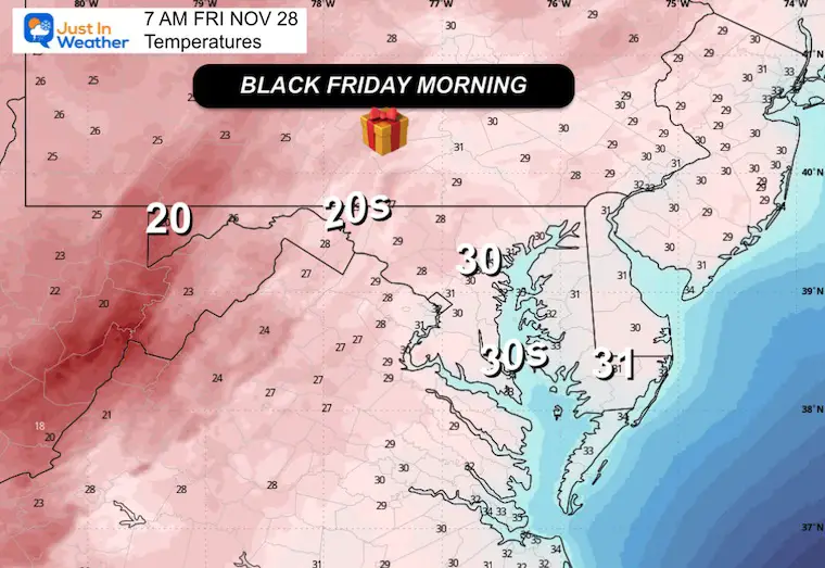 November 24 weather temperatures Black Friday morning
