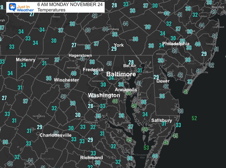 November 24 weather temperatures Monday morning