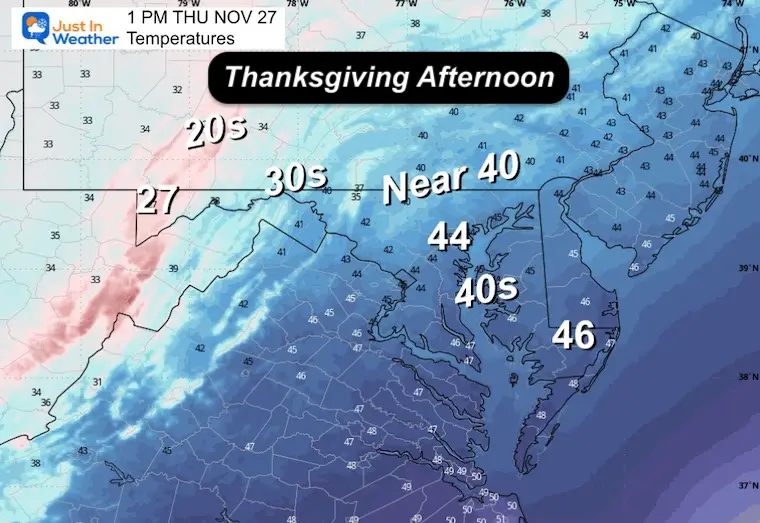 November 24 weather temperatures Thanksgiving afternoon
