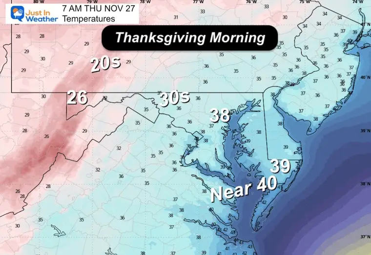 November 24 weather temperatures Thanksgiving morning