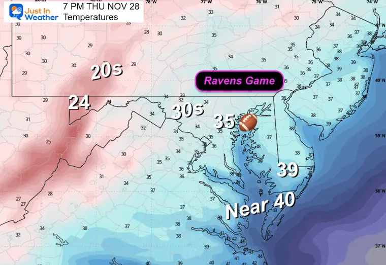 November 24 weather temperatures Thanksgiving night Ravens Game