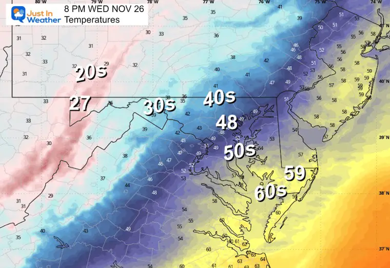 November 24 weather temperatures Wednesday night