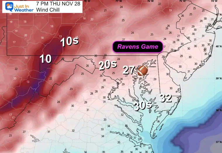 November 24 weather wind chill Thanksgiving night Ravens Game