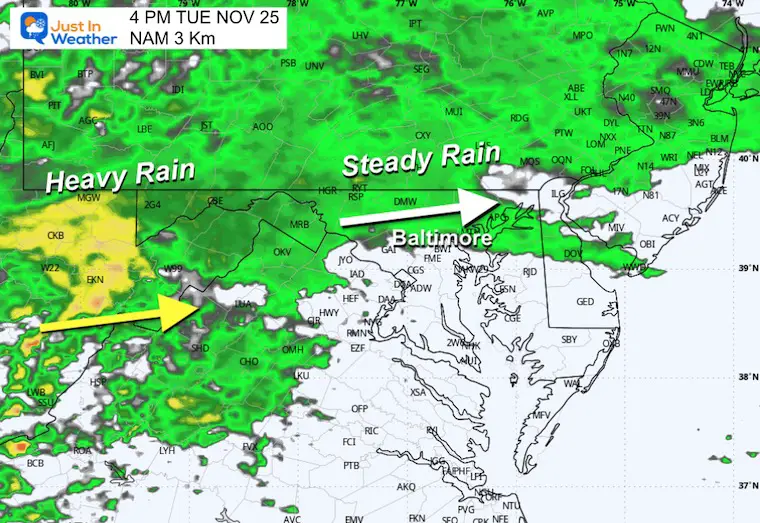November 25 weather rain radar simulation afternoon