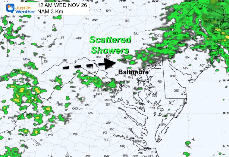 November 25 weather rain radar simulation Wednesday midnight