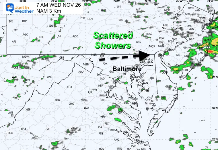 November 25 weather rain radar simulation Wednesday morning